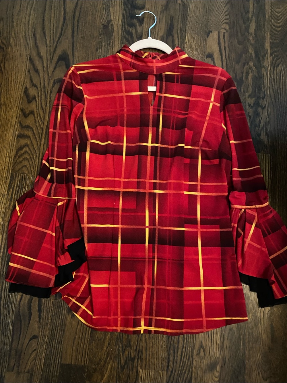 Peter Nygard Red Plaid Ruffle-Sleeve Keyhole Blouse